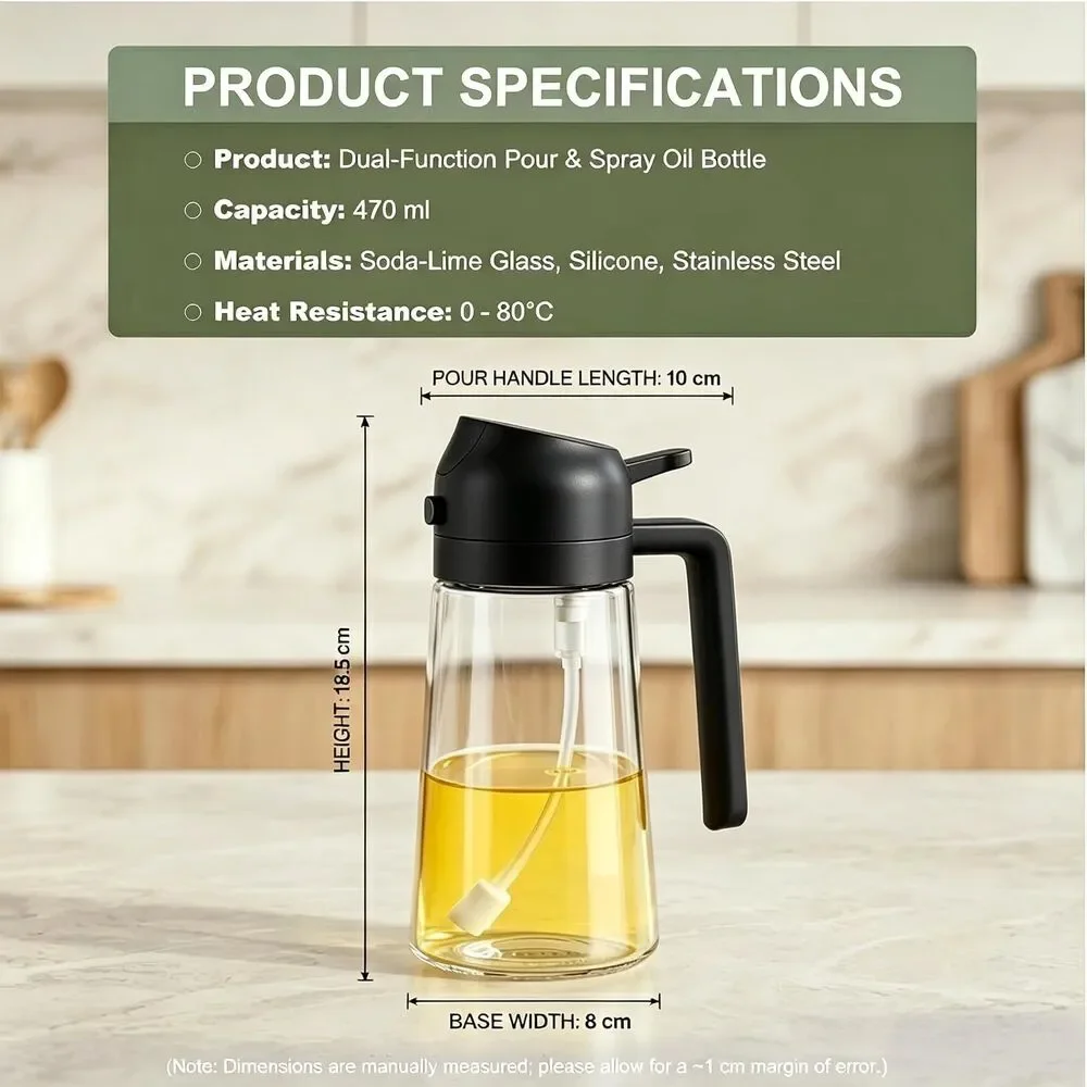2-in-1 Olive Oil Sprayer Dispenser 16oz 470ml Glass Bottle Refillable BPA-Free